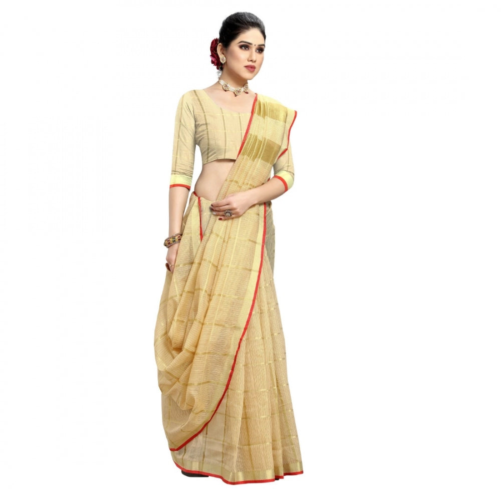 Fashion Women's Kota Doria Cotton Checkered Saree With Blouse (Beige, 5-6 Mtrs)