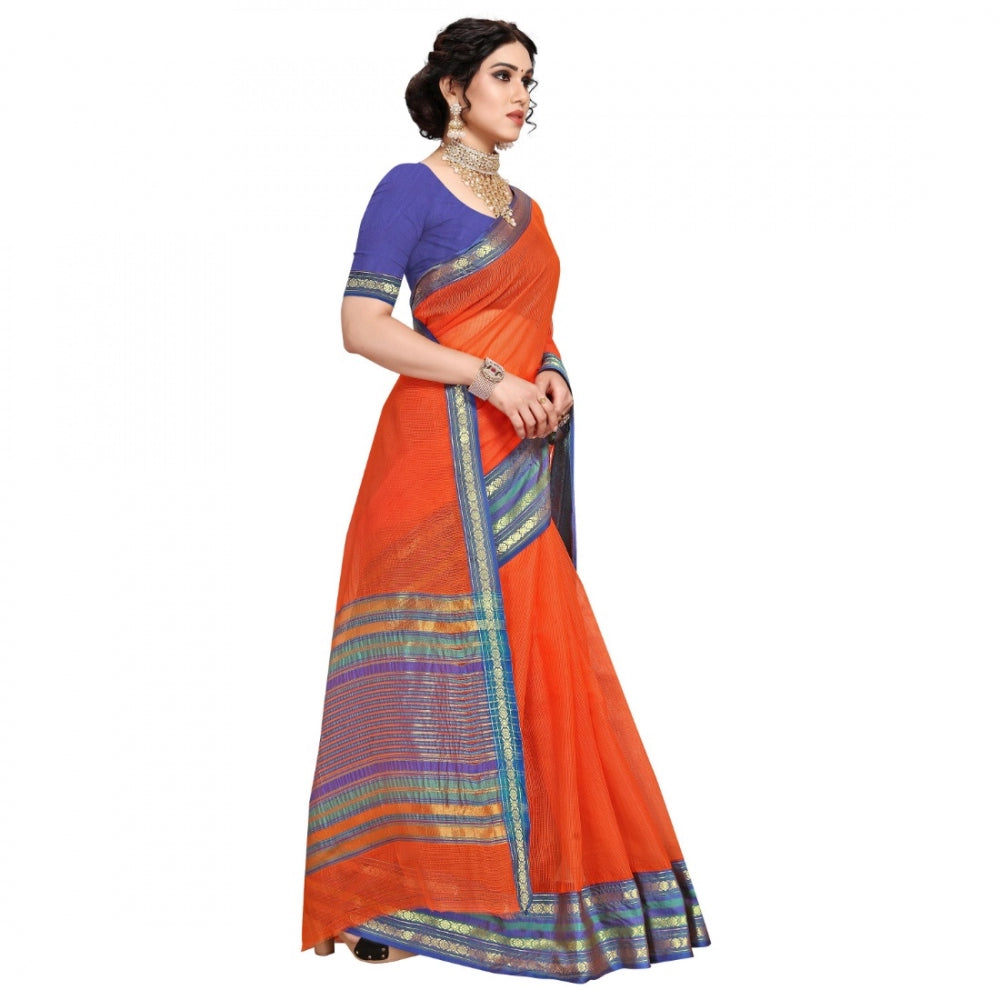 Amfyn Women's Kota Doria Cotton Bordered Saree With Blouse (Fanta, 5-6 Mtrs)