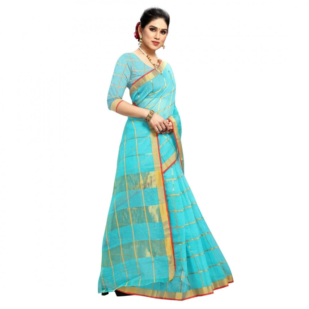 Fashion Women's Kota Doria Cotton Checkered Saree With Blouse (Sky Blue, 5-6 Mtrs)