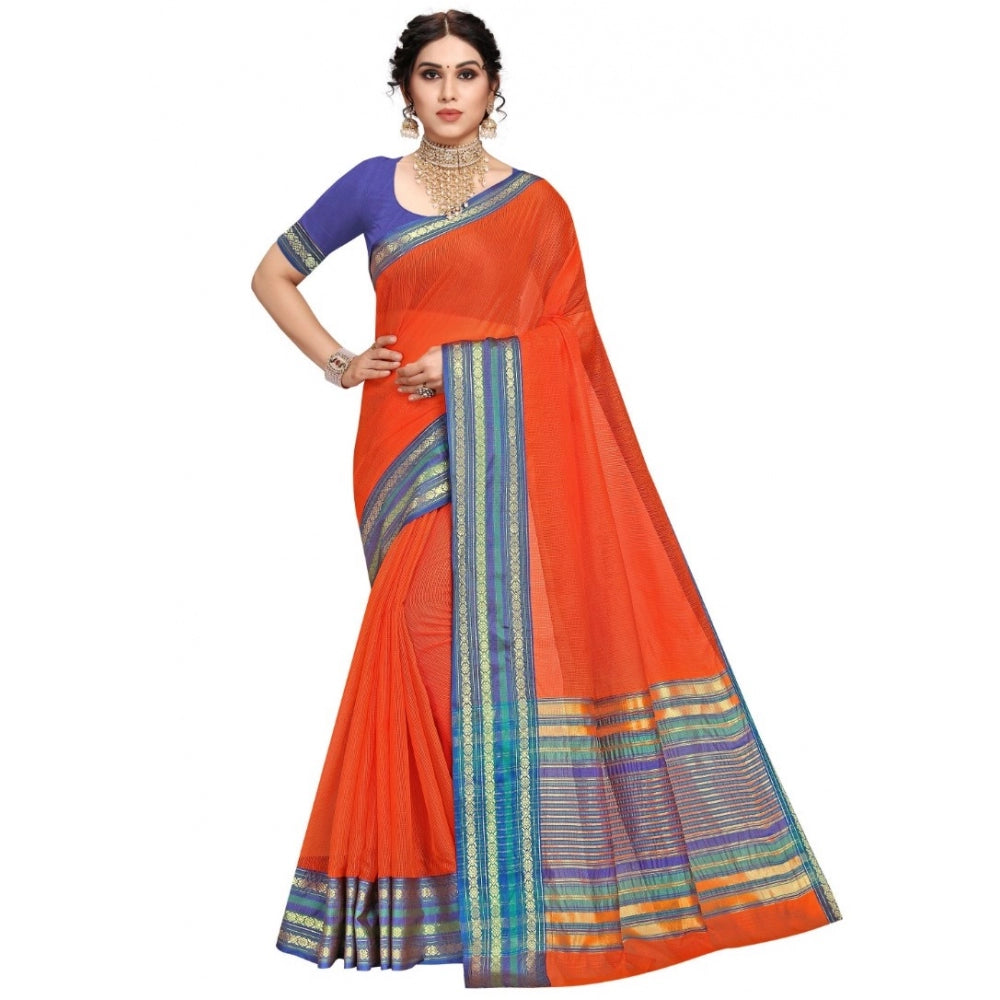 Amfyn Women's Kota Doria Cotton Bordered Saree With Blouse (Fanta, 5-6 Mtrs)