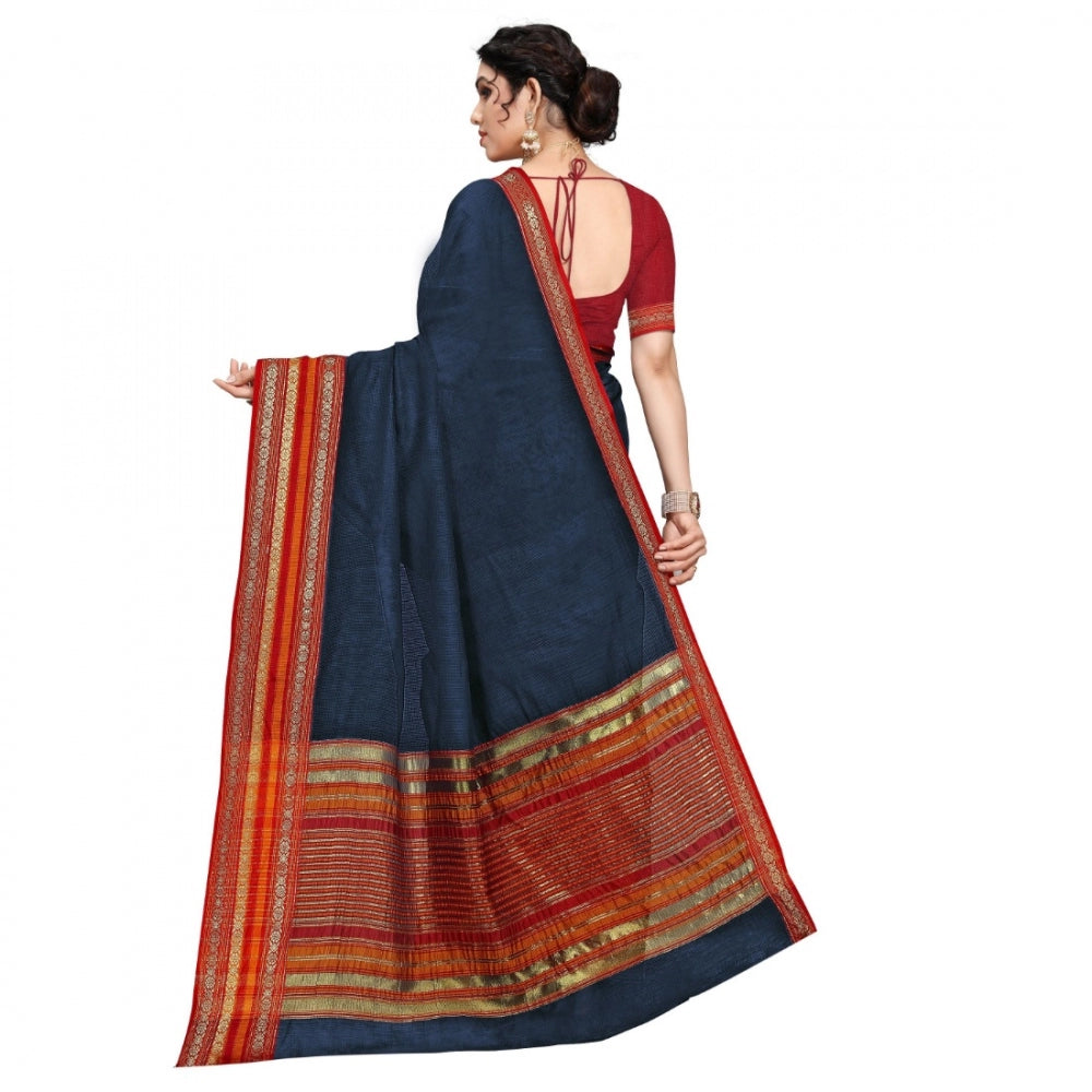 Amfyn Women's Kota Doria Cotton Bordered Saree With Blouse (Navy Blue, 5-6 Mtrs)