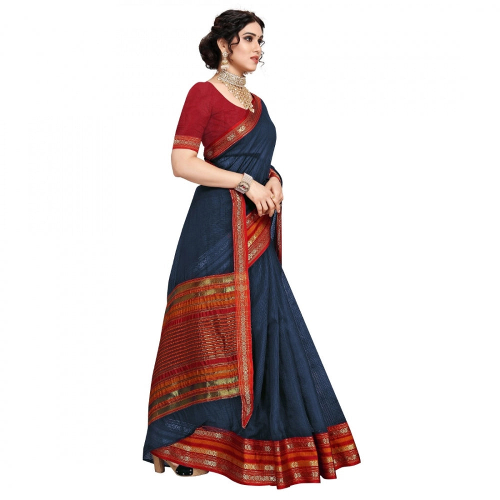 Amfyn Women's Kota Doria Cotton Bordered Saree With Blouse (Navy Blue, 5-6 Mtrs)