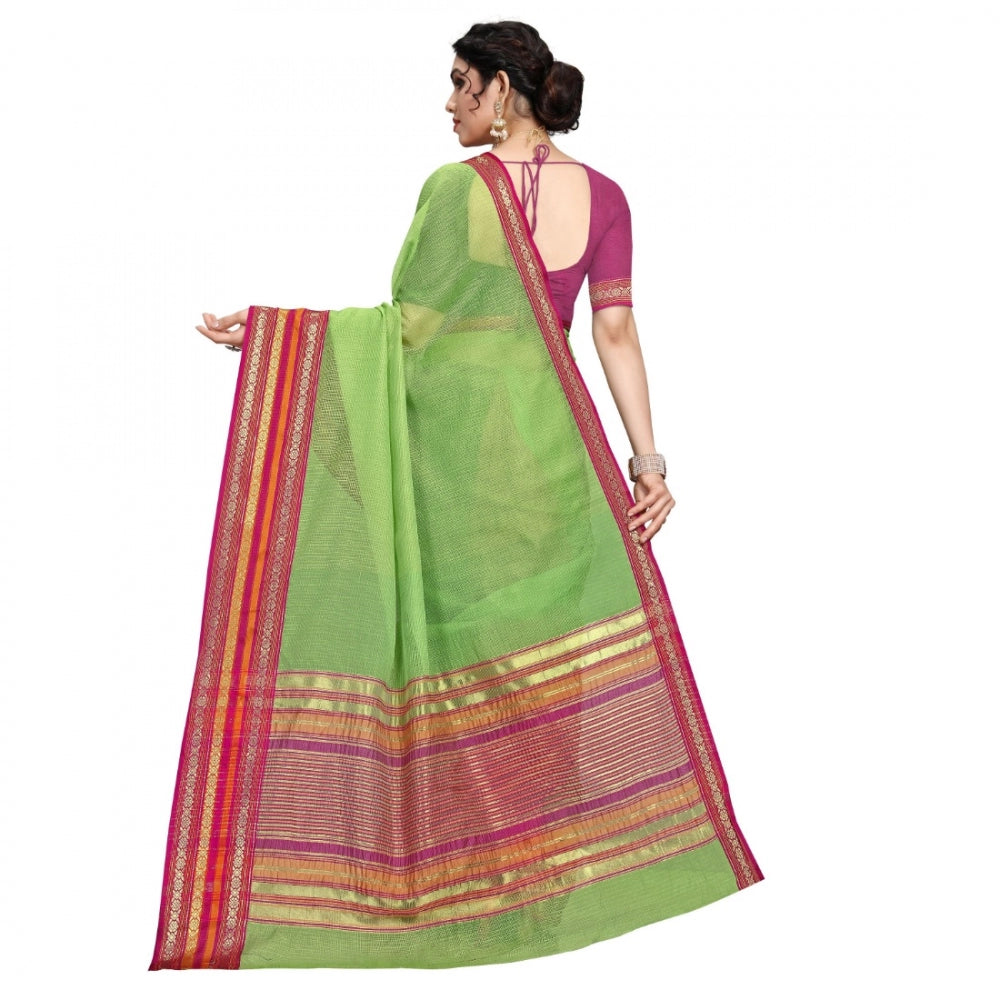 Amfyn Women's Kota Doria Cotton Bordered Saree With Blouse (Light Green, 5-6 Mtrs)