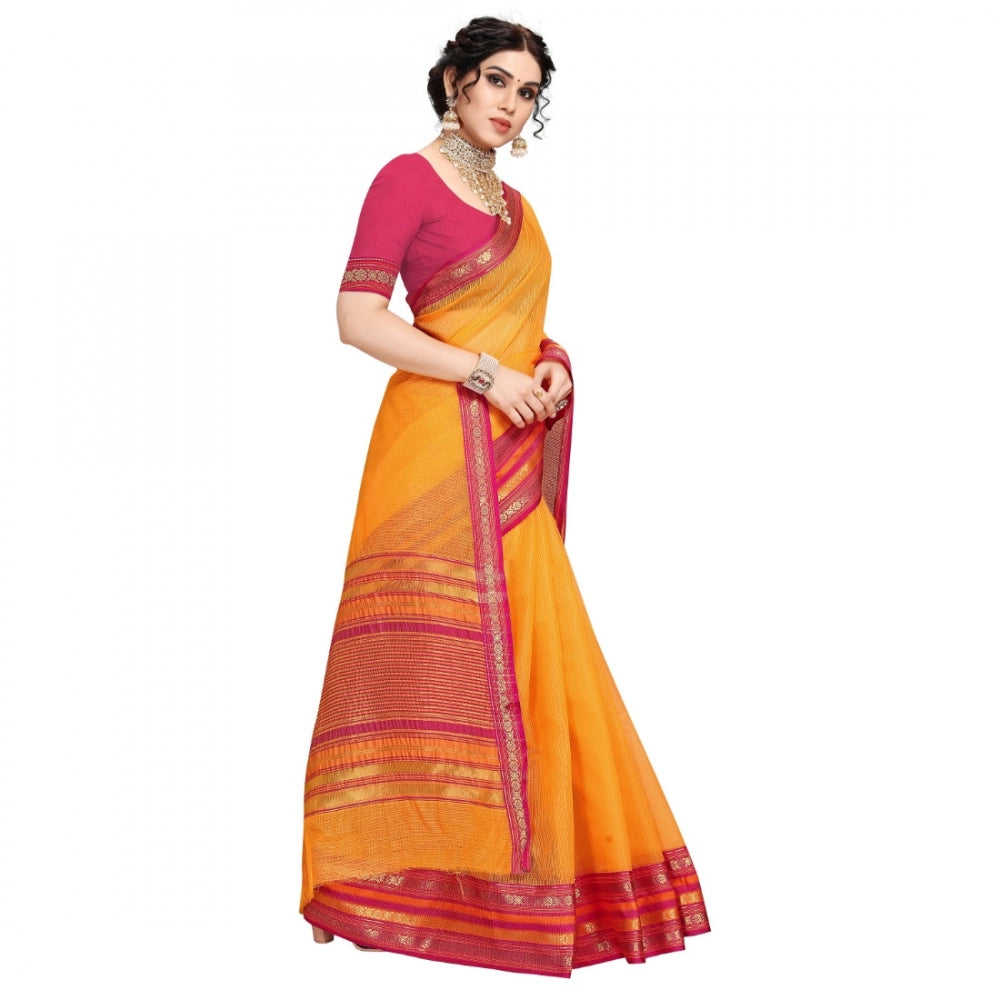 Amfyn Women's Kota Doria Cotton Bordered Saree With Blouse (Gold, 5-6 Mtrs)