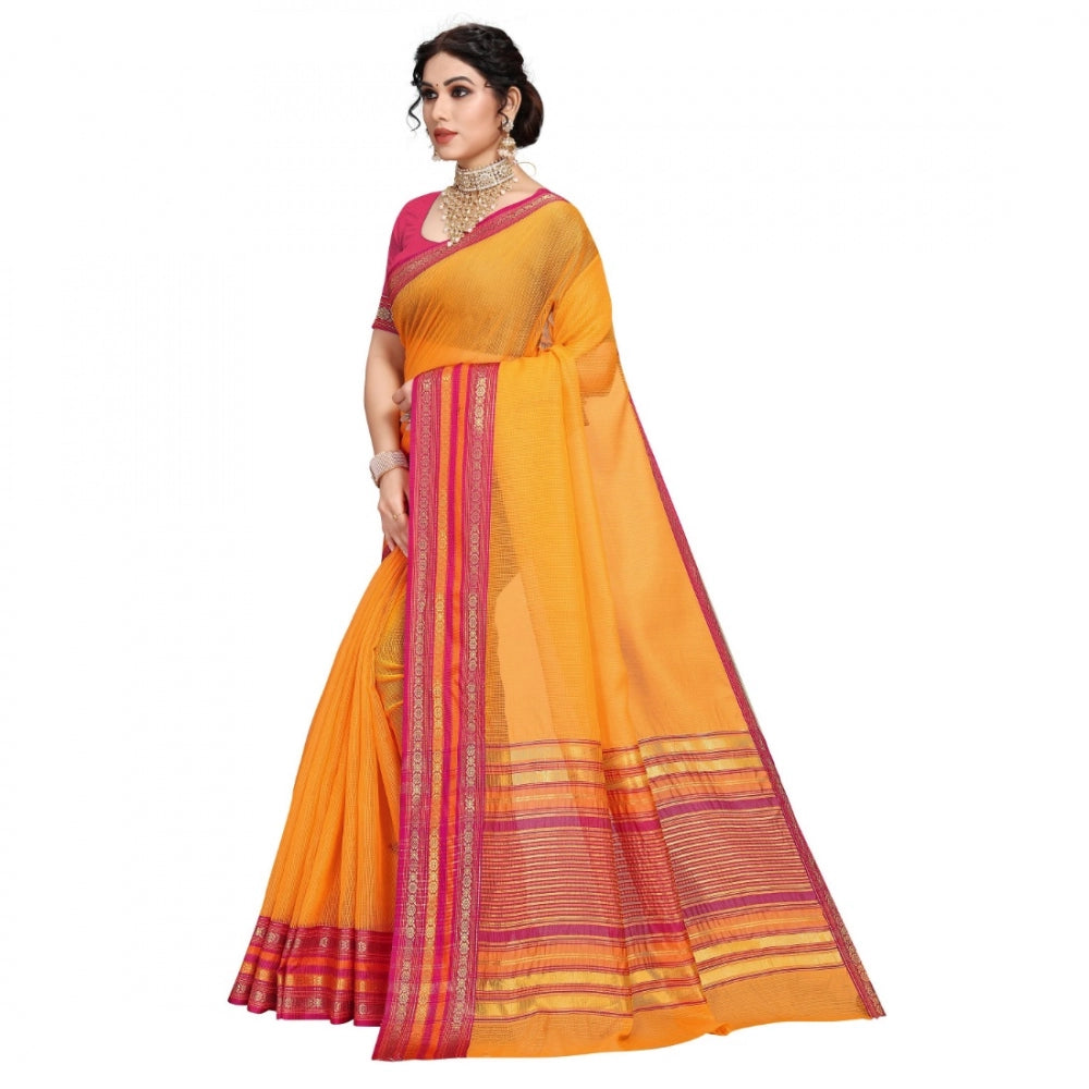 Amfyn Women's Kota Doria Cotton Bordered Saree With Blouse (Gold, 5-6 Mtrs)