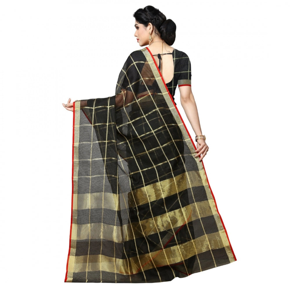 Fashion Women's Kota Doria Cotton Checkered Saree With Blouse (Black, 5-6 Mtrs)