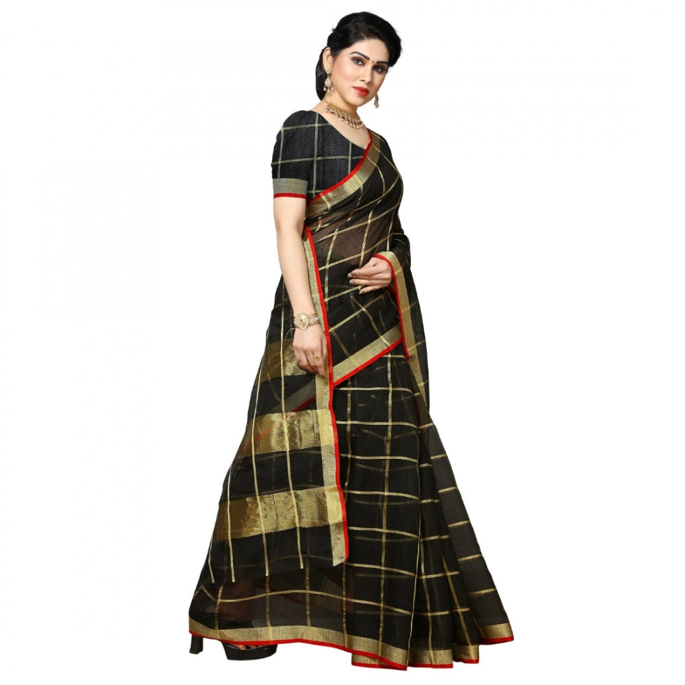 Fashion Women's Kota Doria Cotton Checkered Saree With Blouse (Black, 5-6 Mtrs)