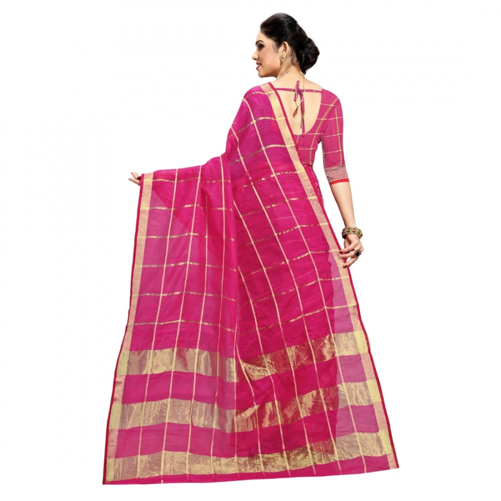 Fashion Women's Kota Doria Cotton Checkered Saree With Blouse (Rani, 5-6 Mtrs)