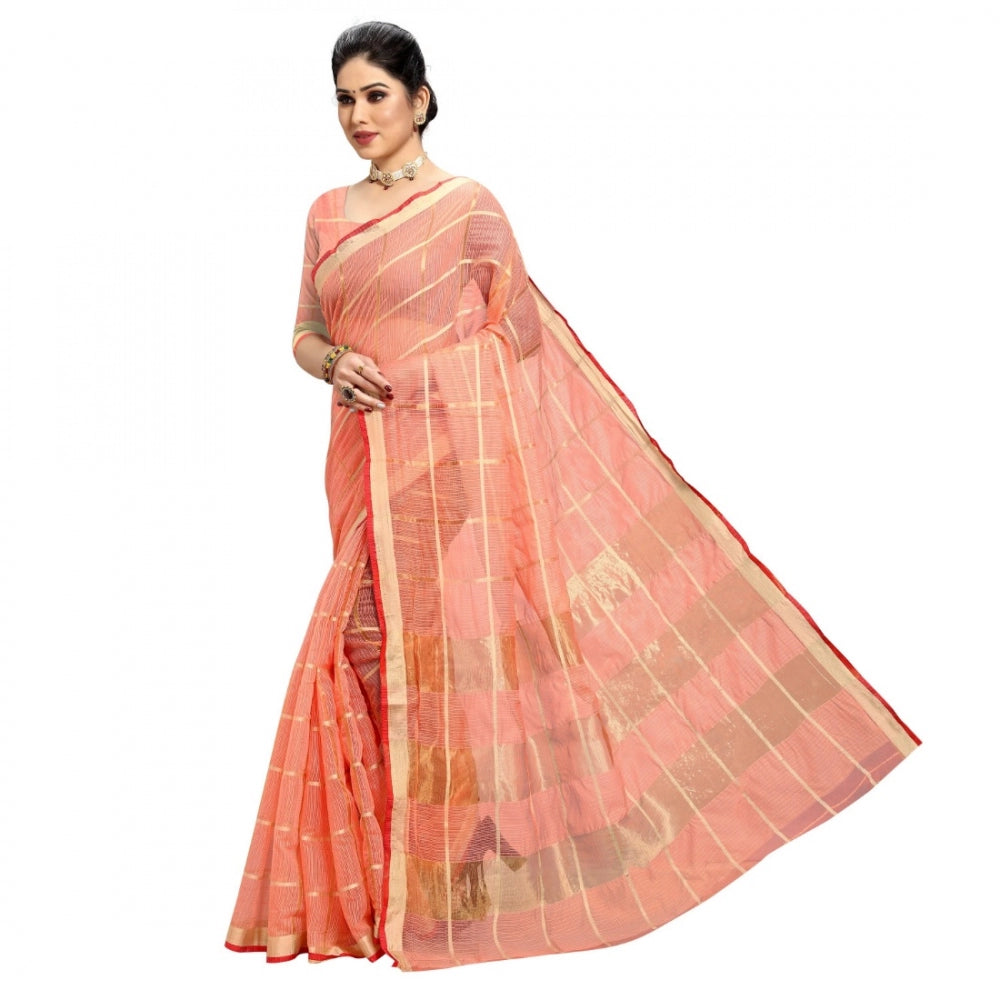 Fashion Women's Kota Doria Cotton Checkered Saree With Blouse (Peach, 5-6 Mtrs)