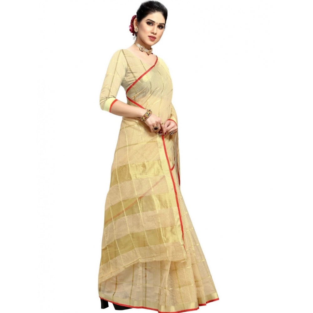 Fashion Women's Kota Doria Cotton Checkered Saree With Blouse (Beige, 5-6 Mtrs)