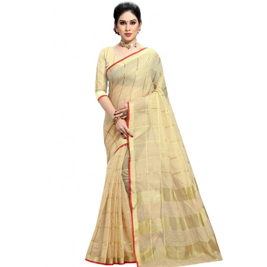 Fashion Women's Kota Doria Cotton Checkered Saree With Blouse (Beige, 5-6 Mtrs)