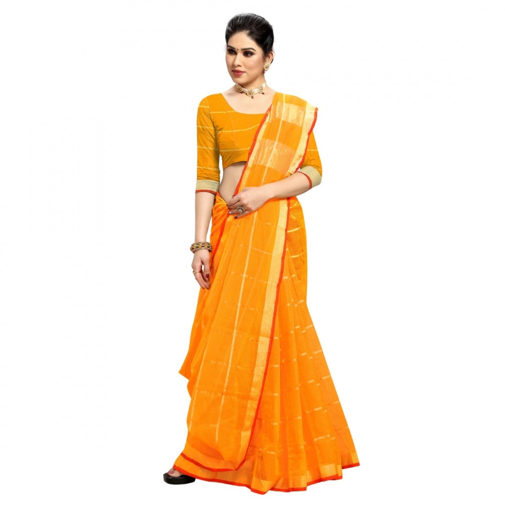 Fashion Women's Kota Doria Cotton Checkered Saree With Blouse (Yellow, 5-6 Mtrs)