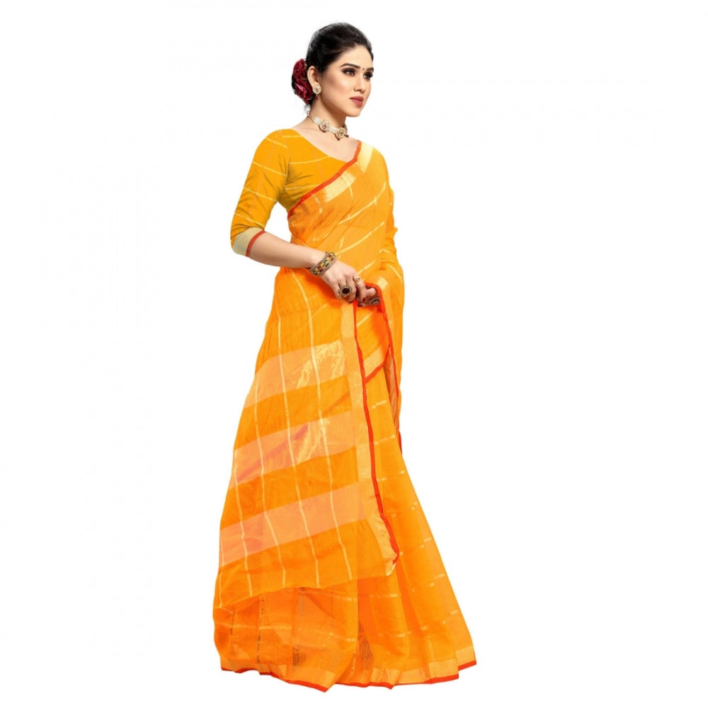 Fashion Women's Kota Doria Cotton Checkered Saree With Blouse (Yellow, 5-6 Mtrs)