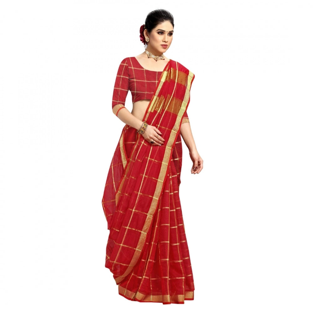 Fashion Women's Kota Doria Cotton Checkered Saree With Blouse (Red, 5-6 Mtrs)