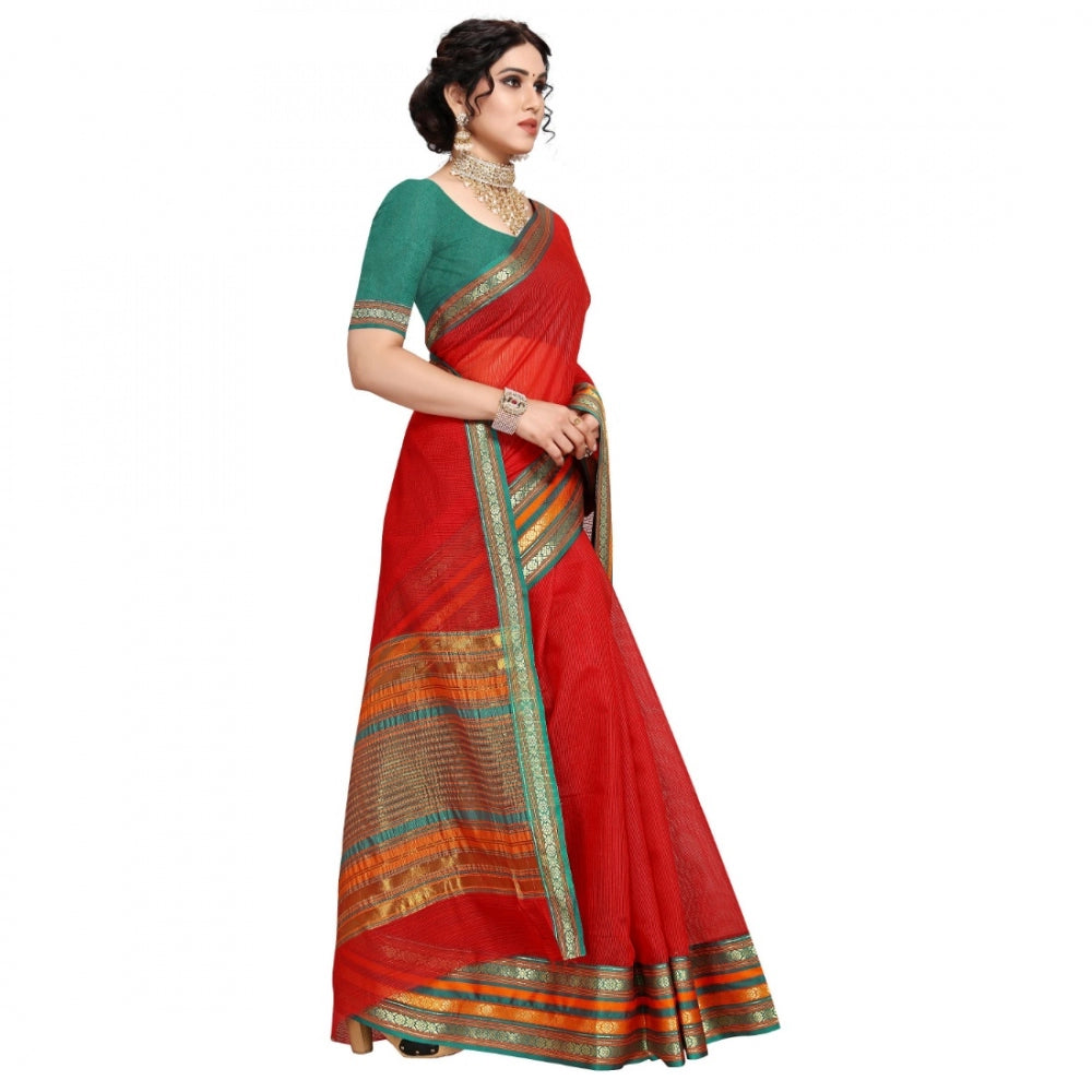 Amfyn Women's Kota Doria Cotton Bordered Saree With Blouse (Red, 5-6 Mtrs)