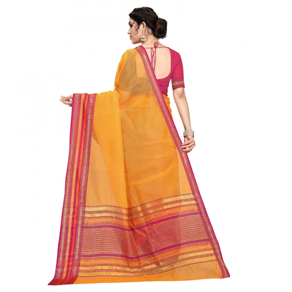 Amfyn Women's Kota Doria Cotton Bordered Saree With Blouse (Gold, 5-6 Mtrs)