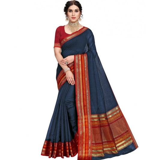 Amfyn Women's Kota Doria Cotton Bordered Saree With Blouse (Navy Blue, 5-6 Mtrs)