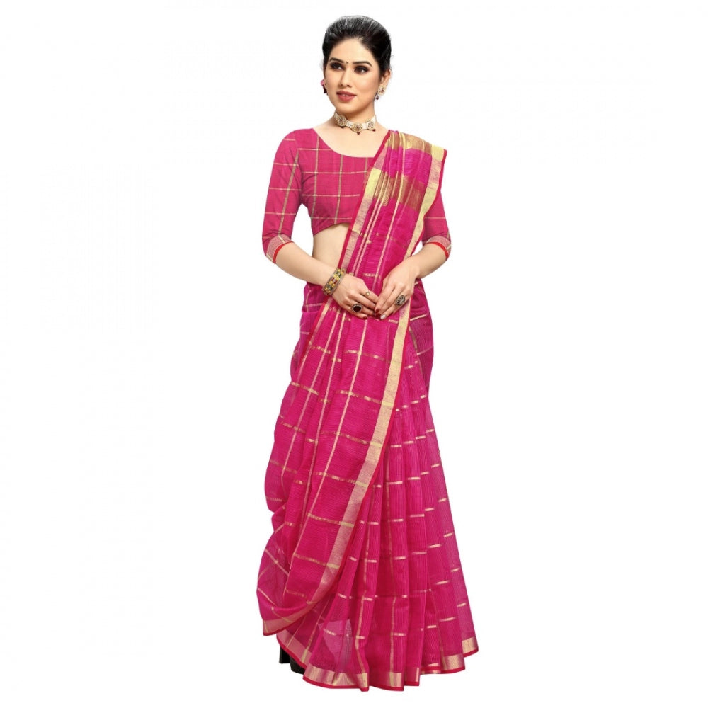 Fashion Women's Kota Doria Cotton Checkered Saree With Blouse (Rani, 5-6 Mtrs)