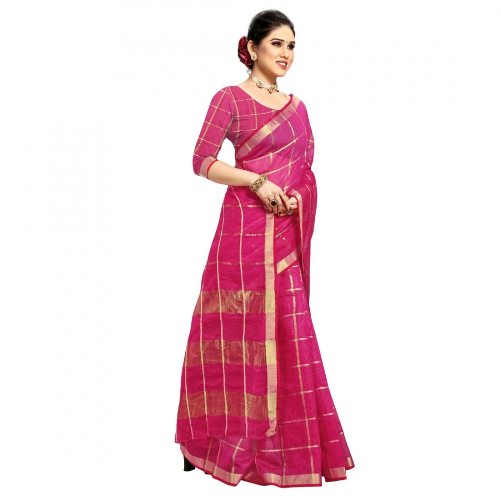 Fashion Women's Kota Doria Cotton Checkered Saree With Blouse (Rani, 5-6 Mtrs)