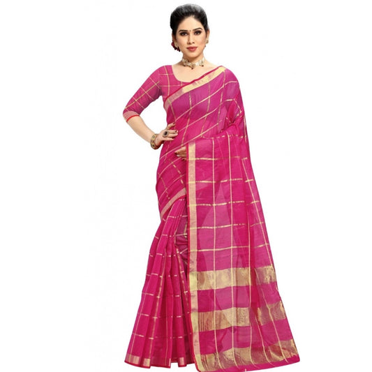 Fashion Women's Kota Doria Cotton Checkered Saree With Blouse (Rani, 5-6 Mtrs)