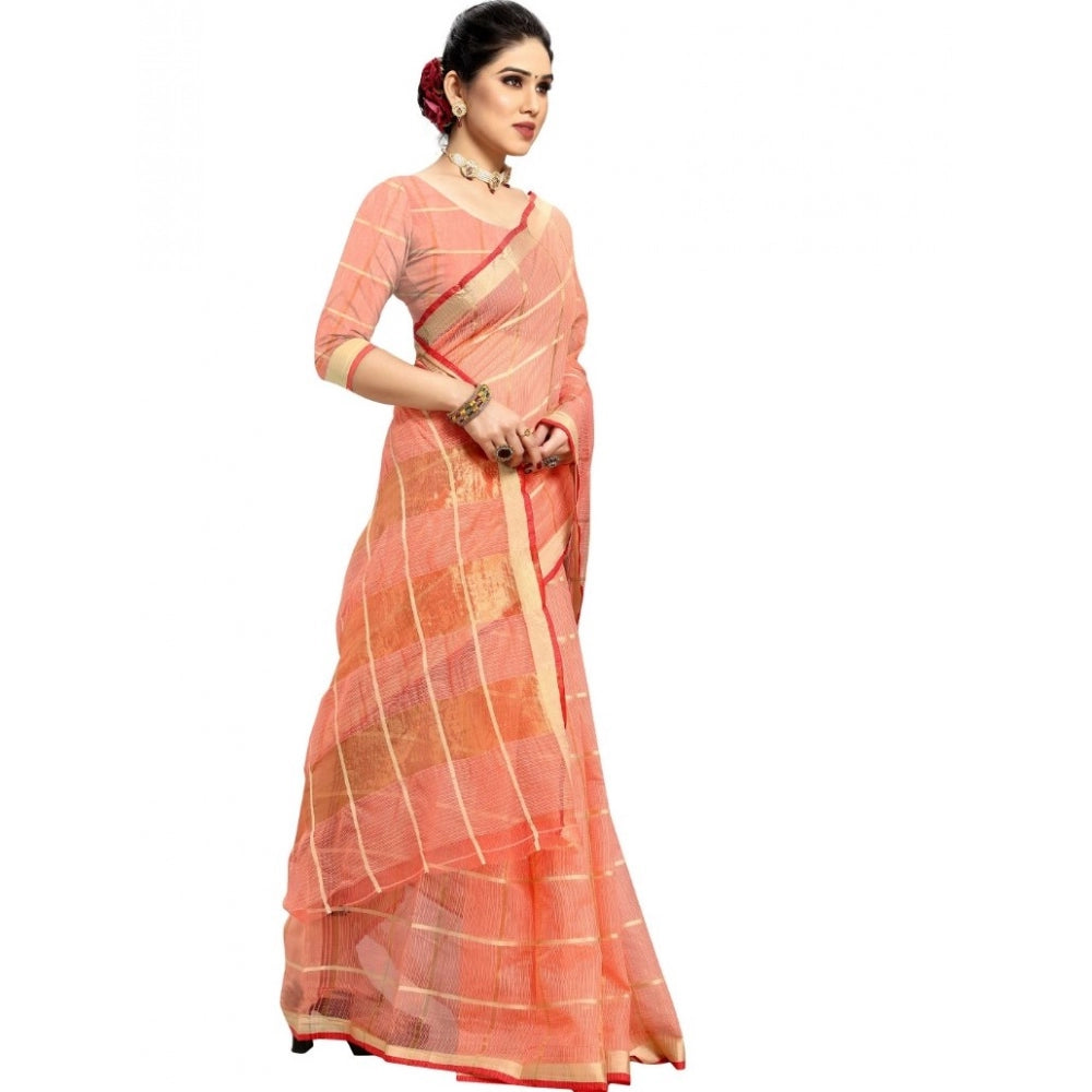 Fashion Women's Kota Doria Cotton Checkered Saree With Blouse (Peach, 5-6 Mtrs)