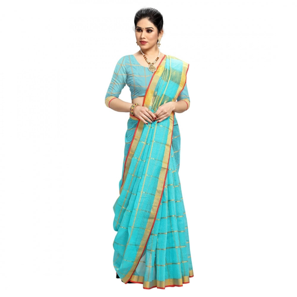 Fashion Women's Kota Doria Cotton Checkered Saree With Blouse (Sky Blue, 5-6 Mtrs)