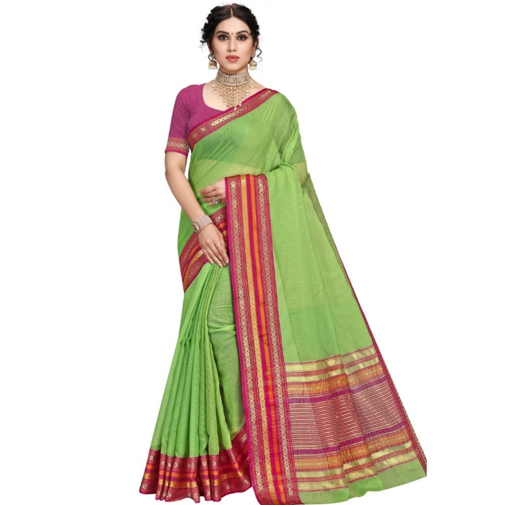 Amfyn Women's Kota Doria Cotton Bordered Saree With Blouse (Light Green, 5-6 Mtrs)