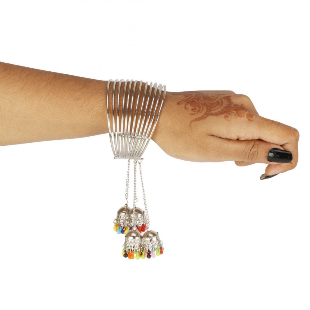 Fashion Stylish Oxidized Silver Bangle Bracelet With Hanging Jhumki (Color: Silver)