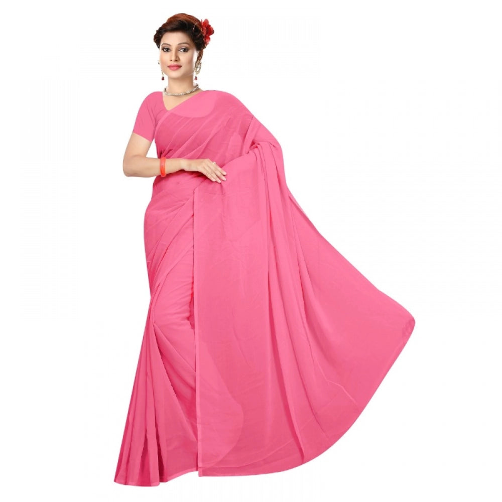 Amfyn Women's Georgette Plain Saree With Blouse (Pink, 5-6 Mtrs)