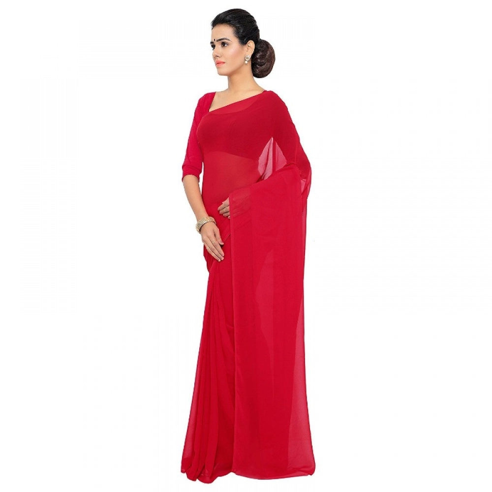 Amfyn Women's Georgette Plain Saree With Blouse (Red, 5-6 Mtrs)