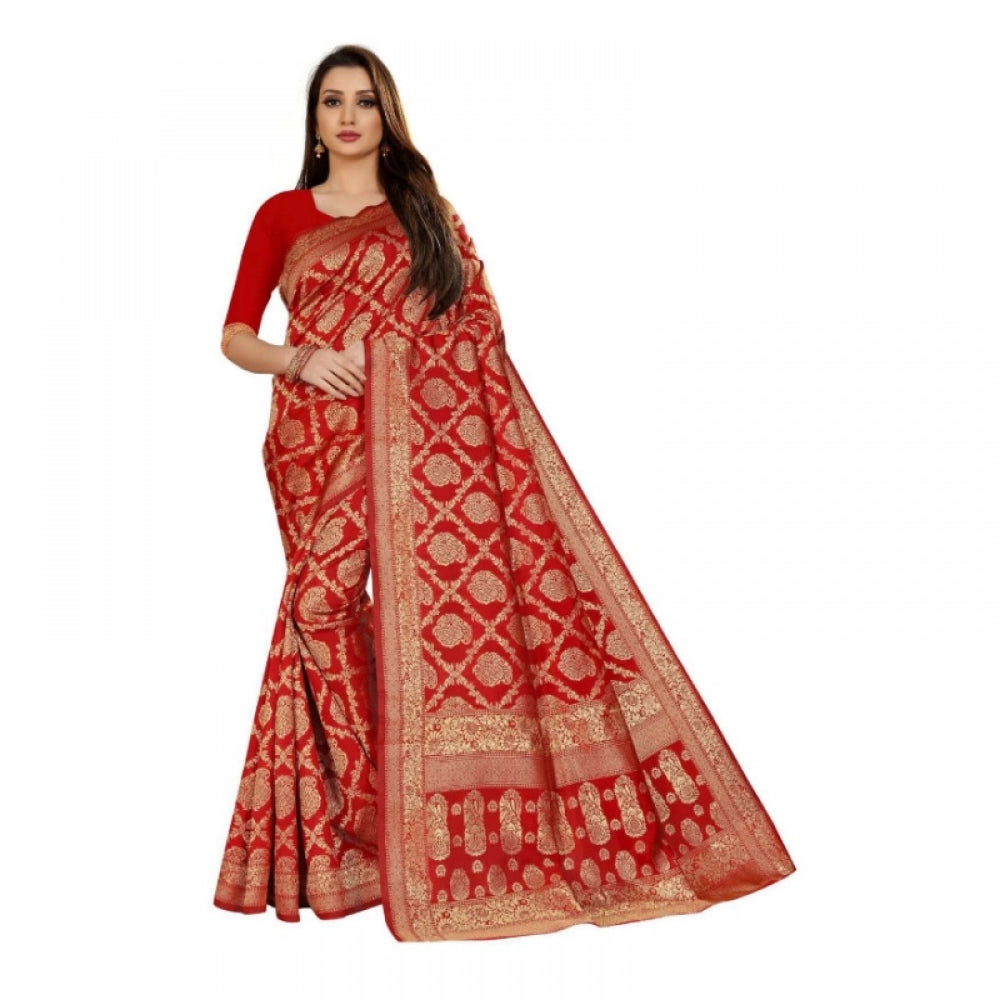 Amfyn Women's Jacquard Silk Kanjivaram Jacquard Silk Saree With Blouse (Red, 5-6 Mtrs)