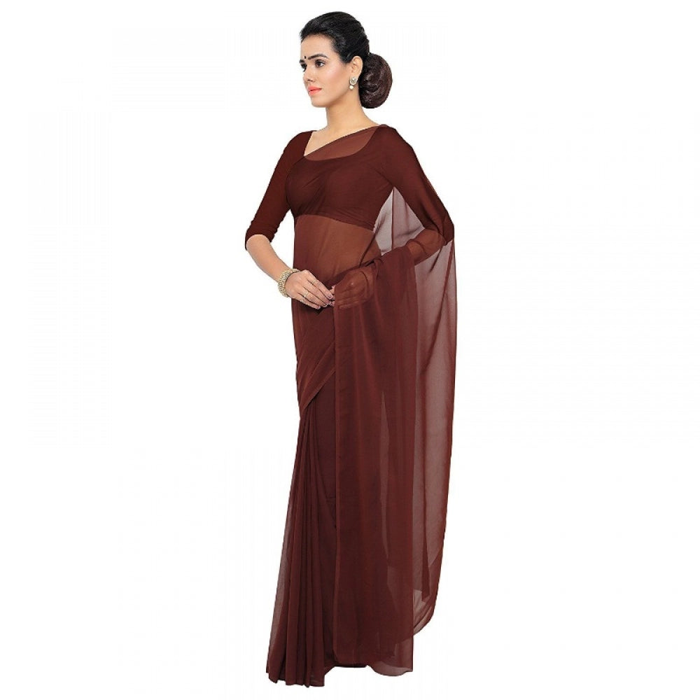 Amfyn Women's Georgette Plain Saree With Blouse (Coffee, 5-6 Mtrs)