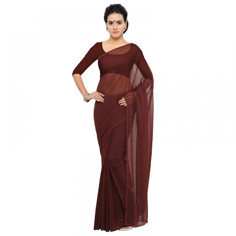 Amfyn Women's Georgette Plain Saree With Blouse (Coffee, 5-6 Mtrs)