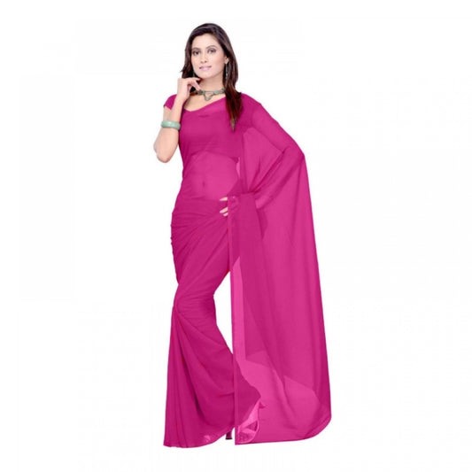 Amfyn Women's Georgette Plain Saree With Blouse (Wine, 5-6 Mtrs)