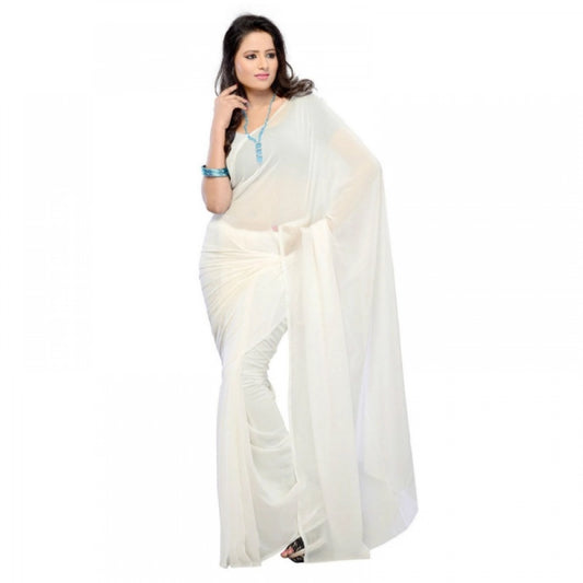 Amfyn Women's Georgette Plain Saree With Blouse (white, 5-6 Mtrs)