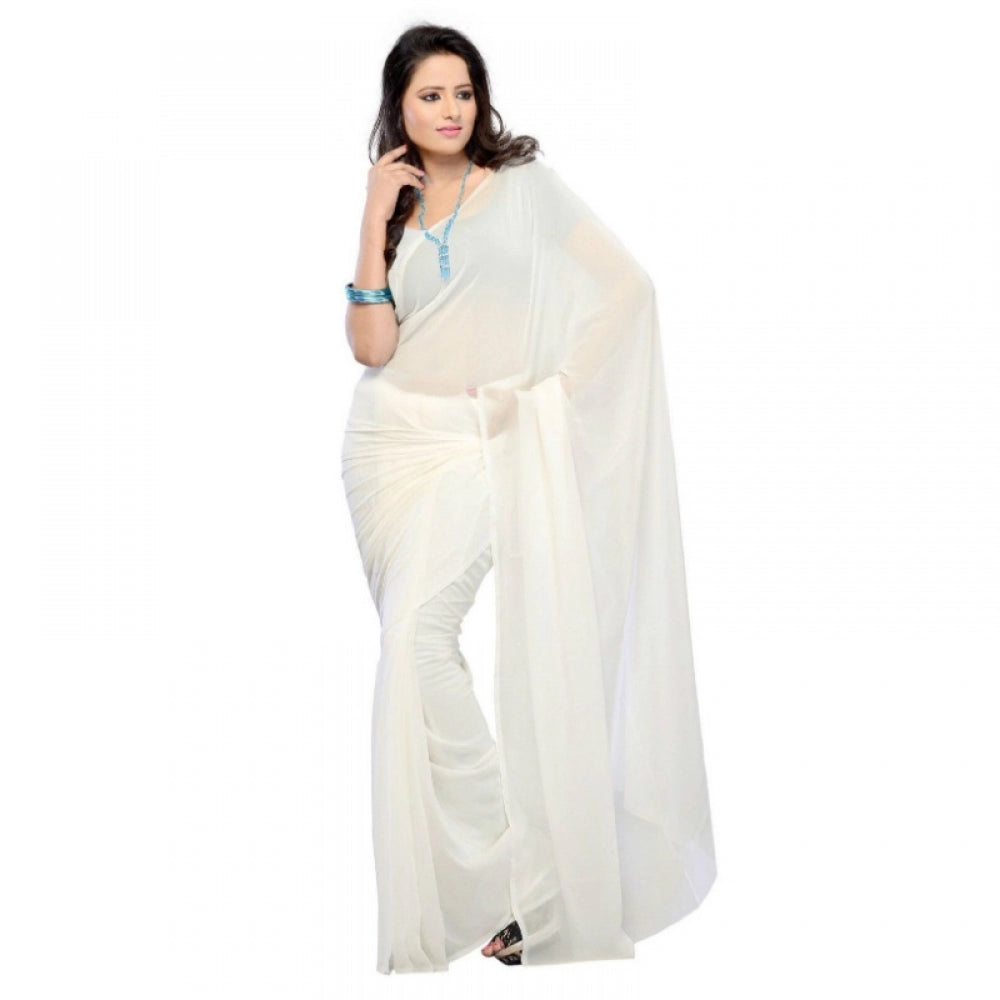 Amfyn Women's Georgette Plain Saree With Blouse (white, 5-6 Mtrs)