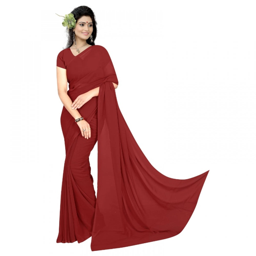 Amfyn Women's Georgette Plain Saree With Blouse (Maroon, 5-6 Mtrs)