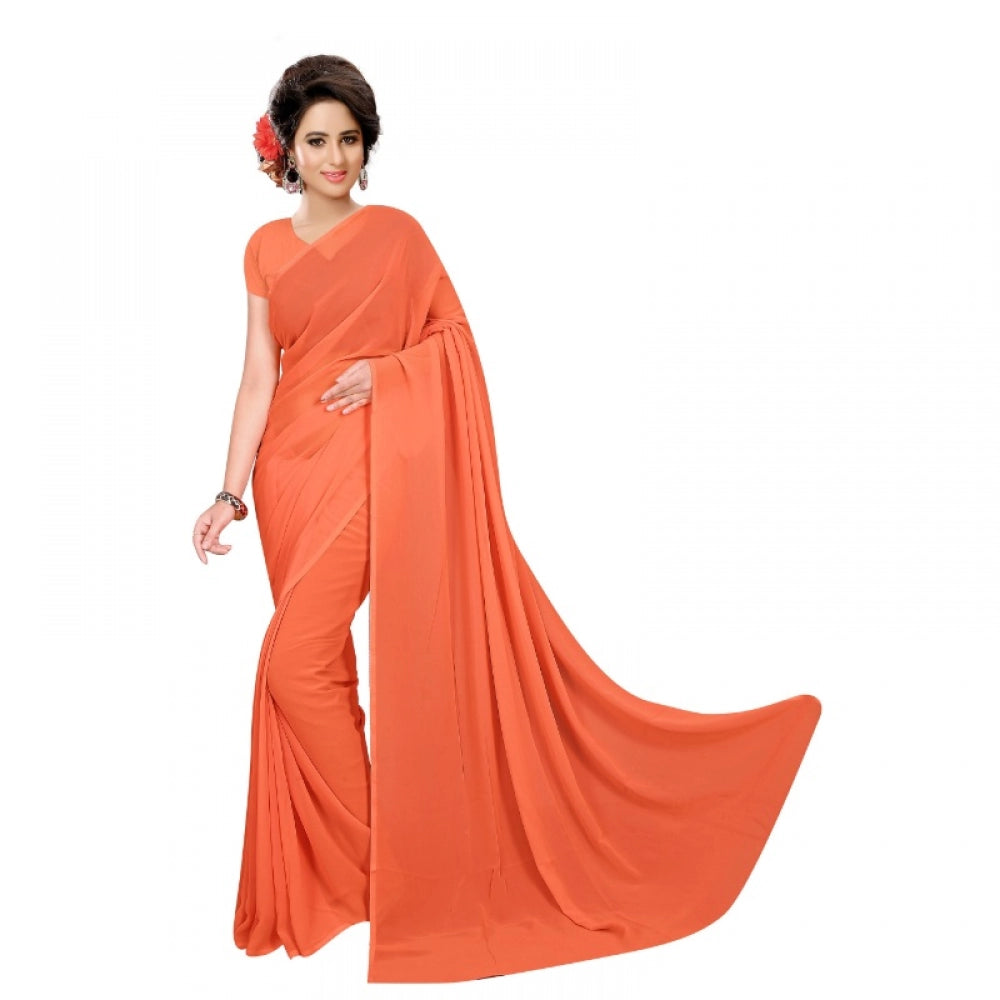 Amfyn Women's Georgette Plain Saree With Blouse (Orange, 5-6 Mtrs)