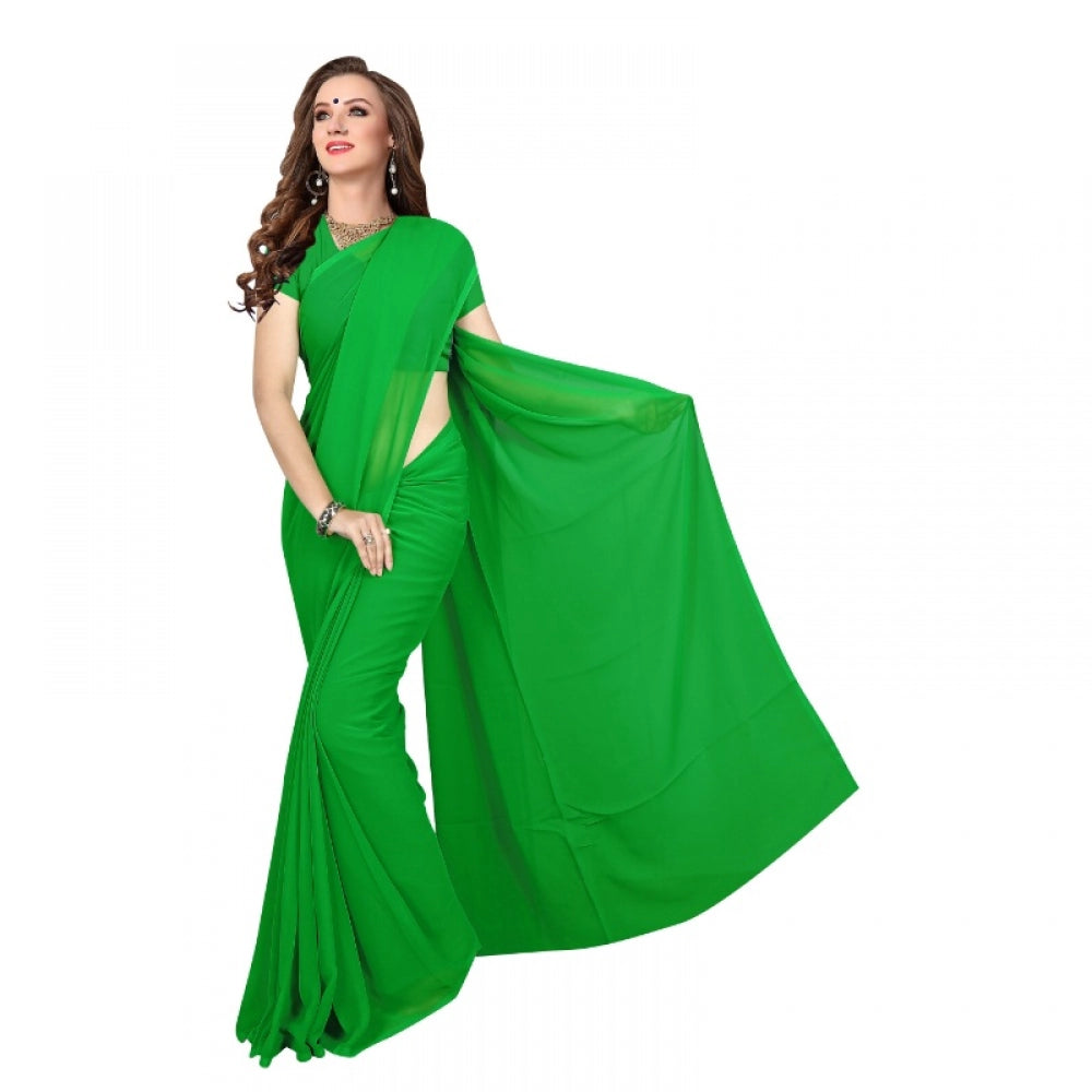 Amfyn Women's Georgette Plain Saree With Blouse (Dark Green, 5-6 Mtrs)