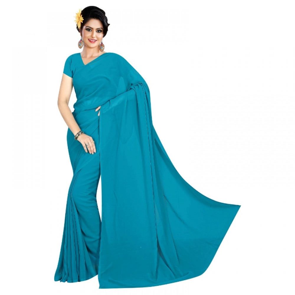 Amfyn Women's Georgette Plain Saree With Blouse (Dark Firozi, 5-6 Mtrs)