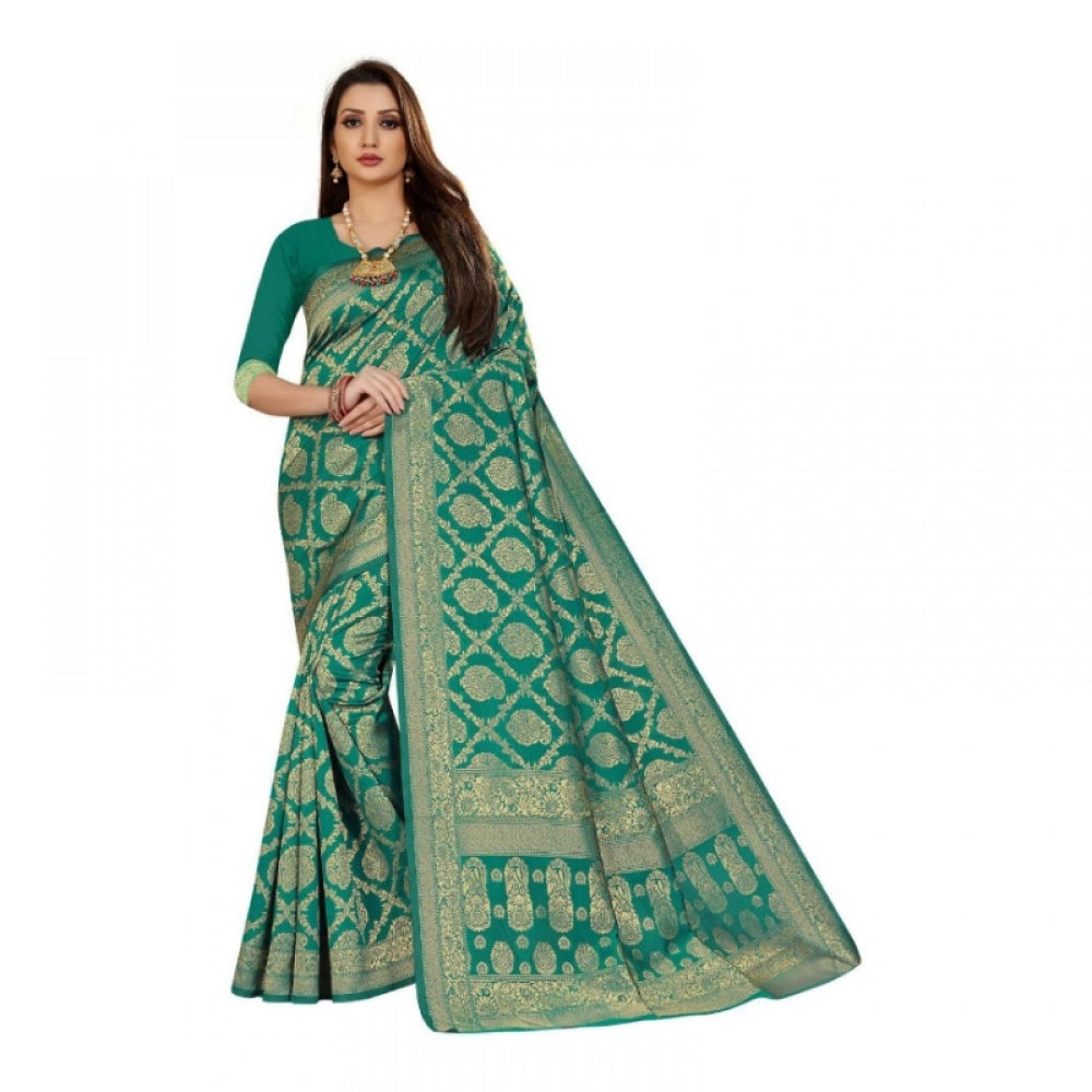 Amfyn Women's Jacquard Silk Kanjivaram Jacquard Silk Saree With Blouse (Rama, 5-6 Mtrs)