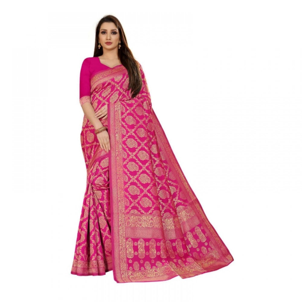 Amfyn Women's Jacquard Silk Kanjivaram Jacquard Silk Saree With Blouse (Pink, 5-6 Mtrs)