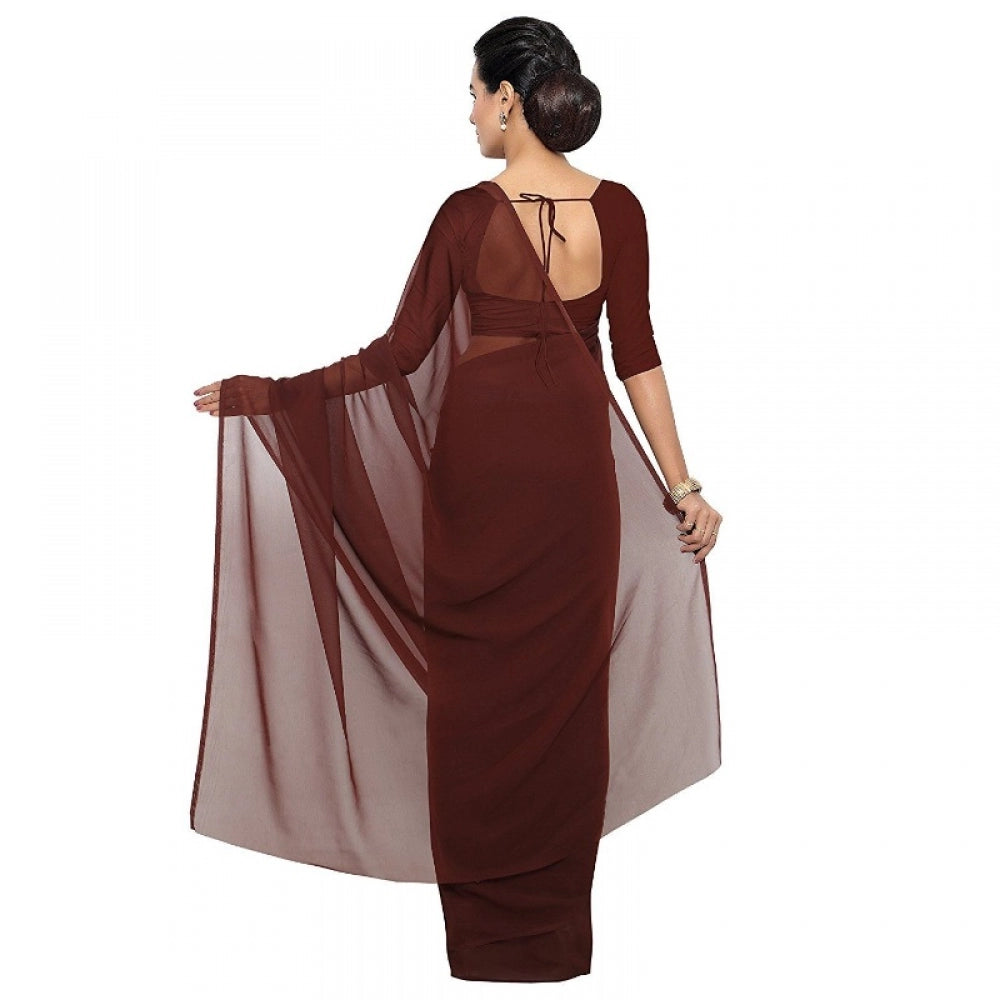 Amfyn Women's Georgette Plain Saree With Blouse (Coffee, 5-6 Mtrs)