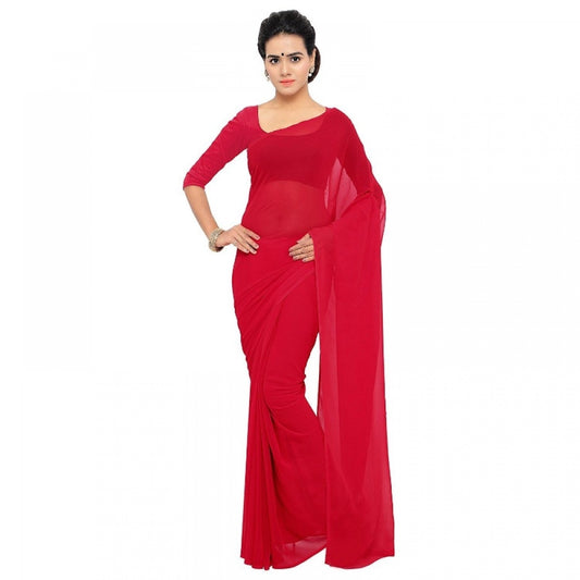 Amfyn Women's Georgette Plain Saree With Blouse (Red, 5-6 Mtrs)