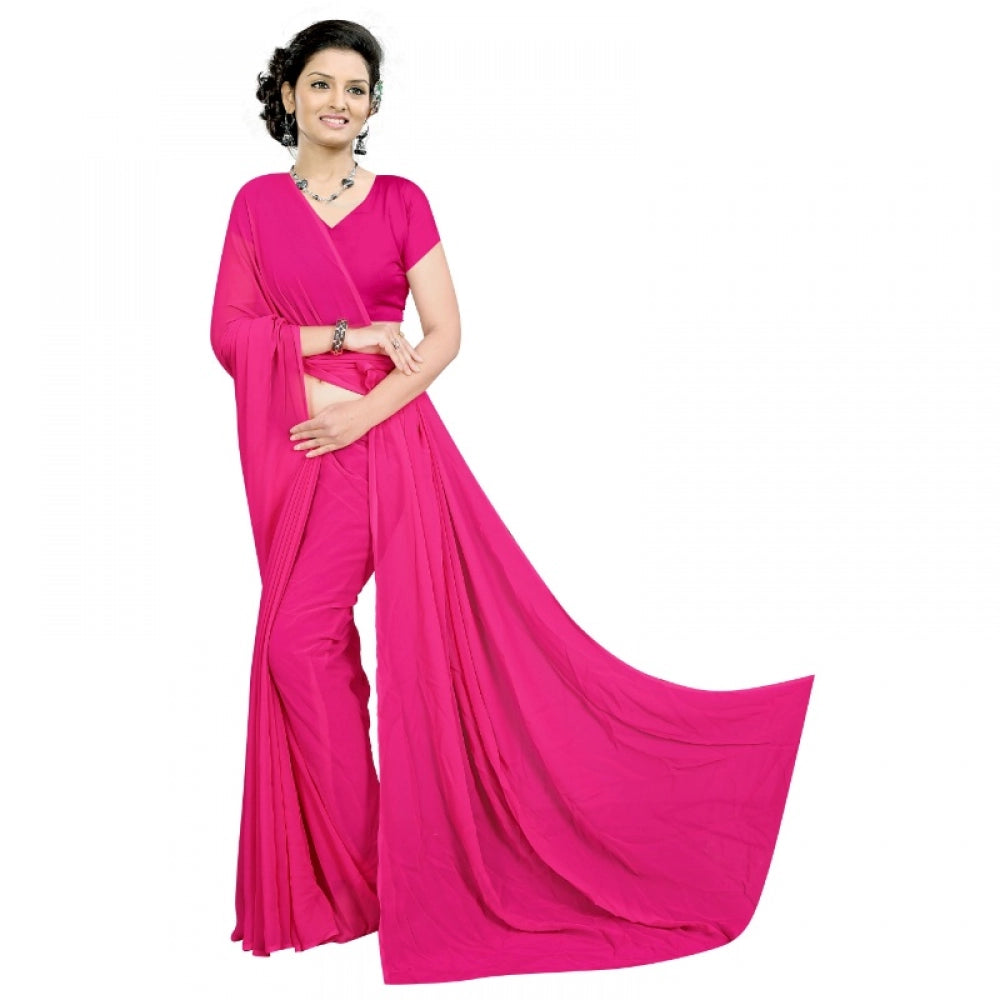 Amfyn Women's Georgette Plain Saree With Blouse (Pink, 5-6 Mtrs)