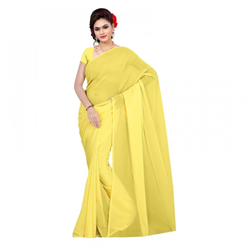 Amfyn Women's Georgette Plain Saree With Blouse (Lemon Yellow, 5-6 Mtrs)