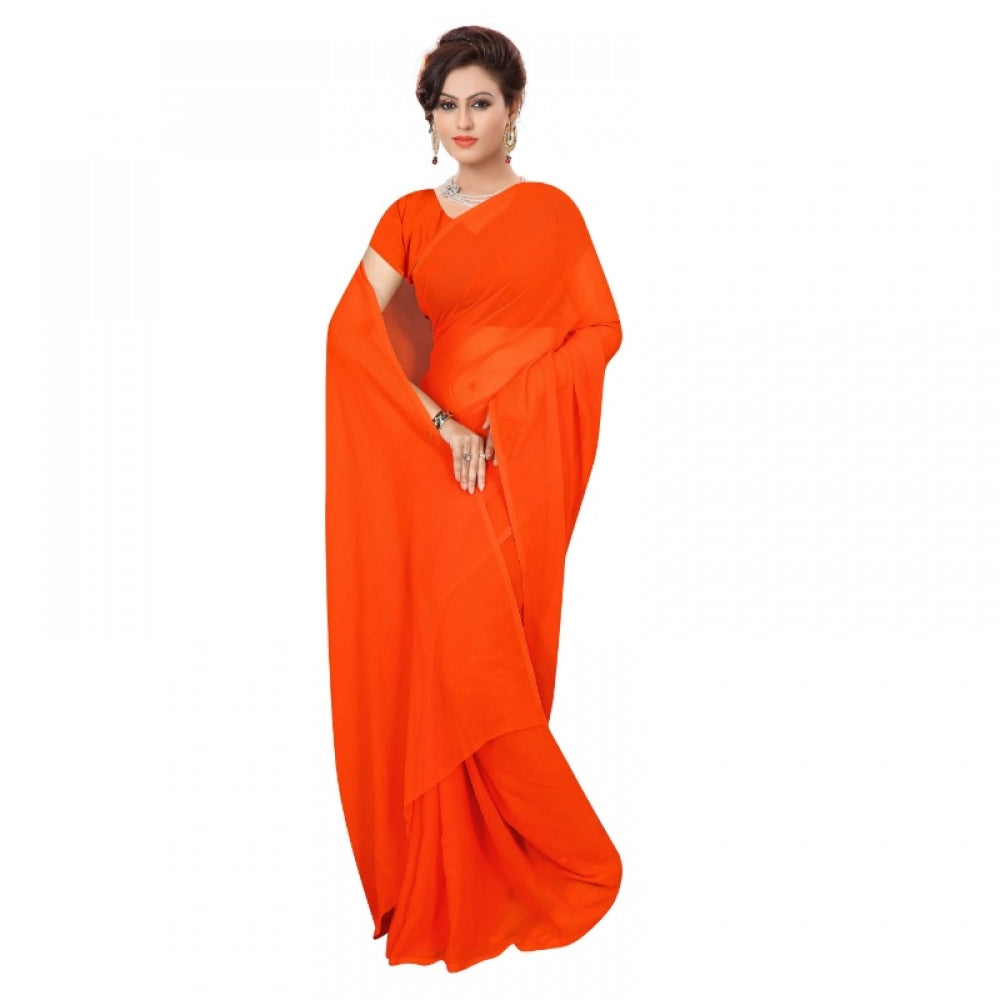 Amfyn Women's Georgette Plain Saree With Blouse (Orange, 5-6 Mtrs)