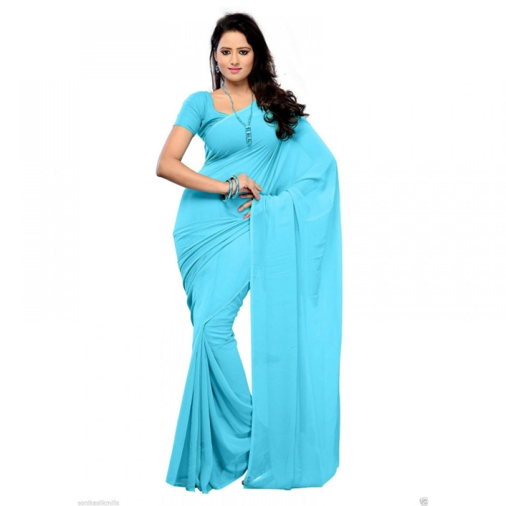 Amfyn Women's Georgette Plain Saree With Blouse (Sky Blue, 5-6 Mtrs)