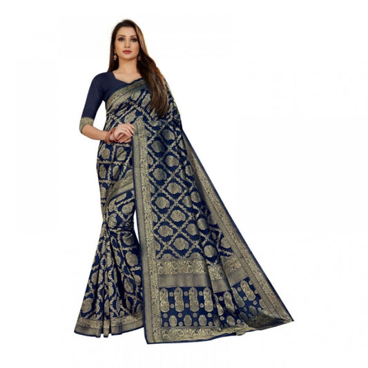 Amfyn Women's Jacquard Silk Kanjivaram Jacquard Silk Saree With Blouse (Navy Blue, 5-6 Mtrs)