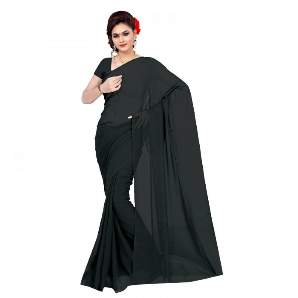 Amfyn Women's Georgette Plain Saree With Blouse (Black, 5-6 Mtrs)